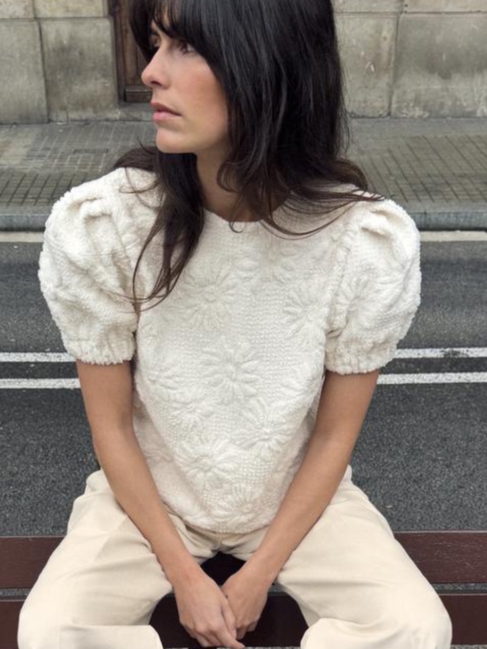 Zara Cream Textured Puff-Sleeve Blouse